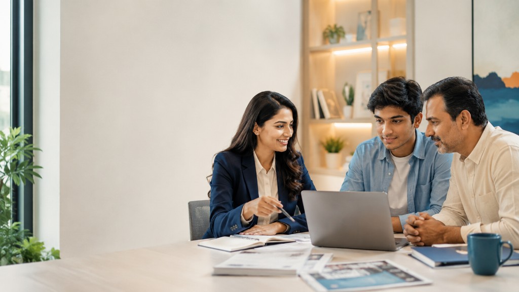 Student and parent in a university admissions consultation with a counsellor